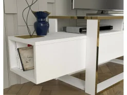 Clearance Dmora Suporte de TV Dgiacint, Aparador de sala, Armário de TV baixo, Base de parede equipada, 160x46h50 cm, e Dourado Branco