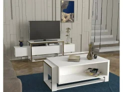 Clearance Dmora Suporte de TV Dgiacint, Aparador de sala, Armário de TV baixo, Base de parede equipada, 160x46h50 cm, e Dourado Branco