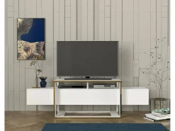 Clearance Dmora Suporte de TV Dgiacint, Aparador de sala, Armário de TV baixo, Base de parede equipada, 160x46h50 cm, e Dourado Branco