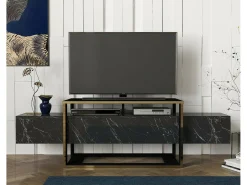 Móvel De Tv*Dmora Suporte de TV Dgiacint, Aparador de sala, Armário de TV baixo, Base de parede equipada, 160x46h50 cm, e Dourado Preto