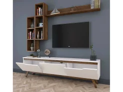 Móvel De Tv|Dmora Suporte de TV Dleonard, CreDenza de sala de estar, armário baixo para TV, base de parede equipada, 180x35h49 cm, e nogueira Branco