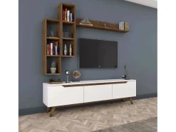 Móvel De Tv|Dmora Suporte de TV Dleonard, CreDenza de sala de estar, armário baixo para TV, base de parede equipada, 180x35h49 cm, e nogueira Branco