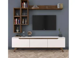 Móvel De Tv|Dmora Suporte de TV Dleonard, CreDenza de sala de estar, armário baixo para TV, base de parede equipada, 180x35h49 cm, e nogueira Branco