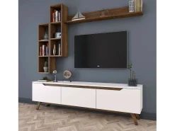 Móvel De Tv|Dmora Suporte de TV Dleonard, CreDenza de sala de estar, armário baixo para TV, base de parede equipada, 180x35h49 cm, e nogueira Branco