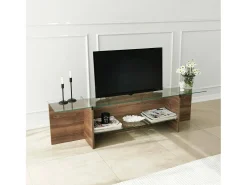 Móvel De Tv*Dmora Suporte de TV Dlinett, CredenzA sala de estar, armário de TV baixo, base de parede equipada, 158x35h40 cm, nogueira Castanho