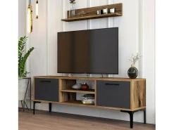 Móvel De Tv|Dmora Suporte de TV Dpiston, Aparador de sala, Armário baixo peR TV, Base de parede equipada, 140x30h48 cm, Noz e Antracite Castanho
