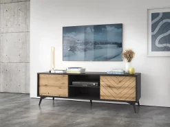 Móvel De Tv* Suporte de TV em madeira laminada com 2 portas e 2 prateleiras, 154x50 cm Preto