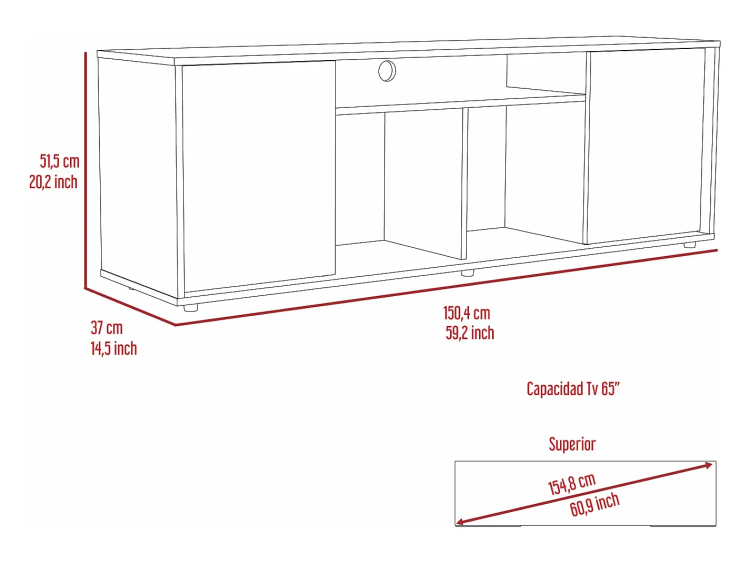 TuHome Suporte de TV em melamina Prana com ampla arrumação e 3 prateleiras, 51.5 cm X 150.4 cm X 37 cm ,^ Móvel De Tv