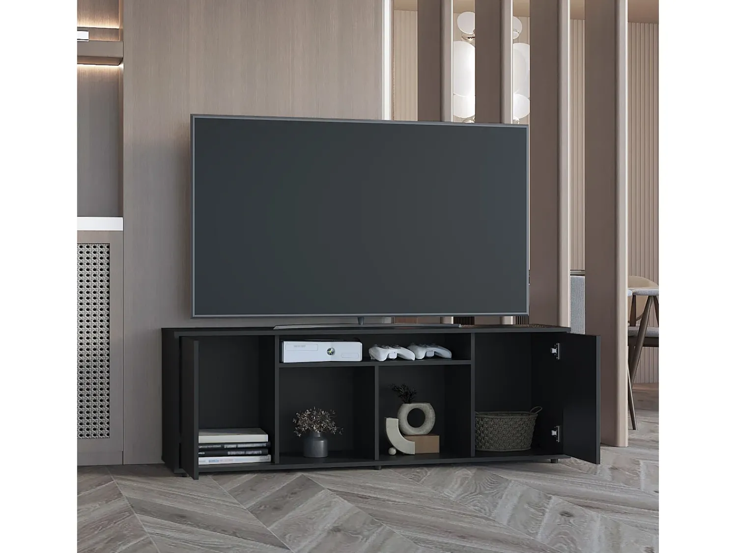 TuHome Suporte de TV em melamina Prana com ampla arrumação e 3 prateleiras, 51.5 cm X 150.4 cm X 37 cm ,^ Móvel De Tv