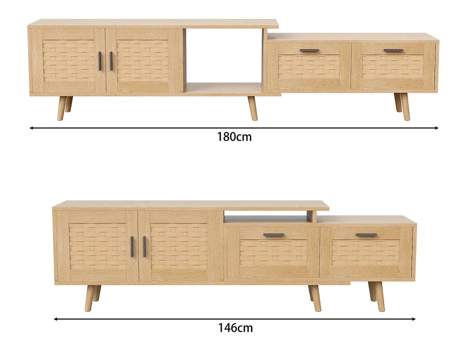 Móvel De Tv* Suporte de TV extensível de 146 a 180 cm, com 2 gavetas, 2 portas e espaço de armazenamento, ideal para sala de estar ou quarto. Fabricado em madeira. Natural claro