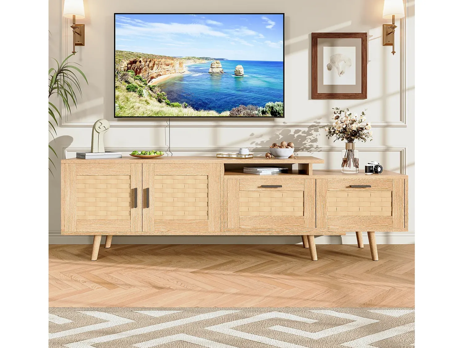 Móvel De Tv* Suporte de TV extensível de 146 a 180 cm, com 2 gavetas, 2 portas e espaço de armazenamento, ideal para sala de estar ou quarto. Fabricado em madeira. Natural claro