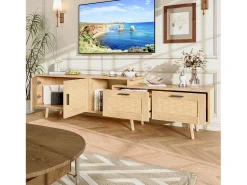 Móvel De Tv* Suporte de TV extensível de 146 a 180 cm, com 2 gavetas, 2 portas e espaço de armazenamento, ideal para sala de estar ou quarto. Fabricado em madeira. Natural claro