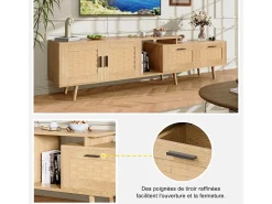 Móvel De Tv* Suporte de TV extensível de 146 a 180 cm, com 2 gavetas, 2 portas e espaço de armazenamento, ideal para sala de estar ou quarto. Fabricado em madeira. Natural claro