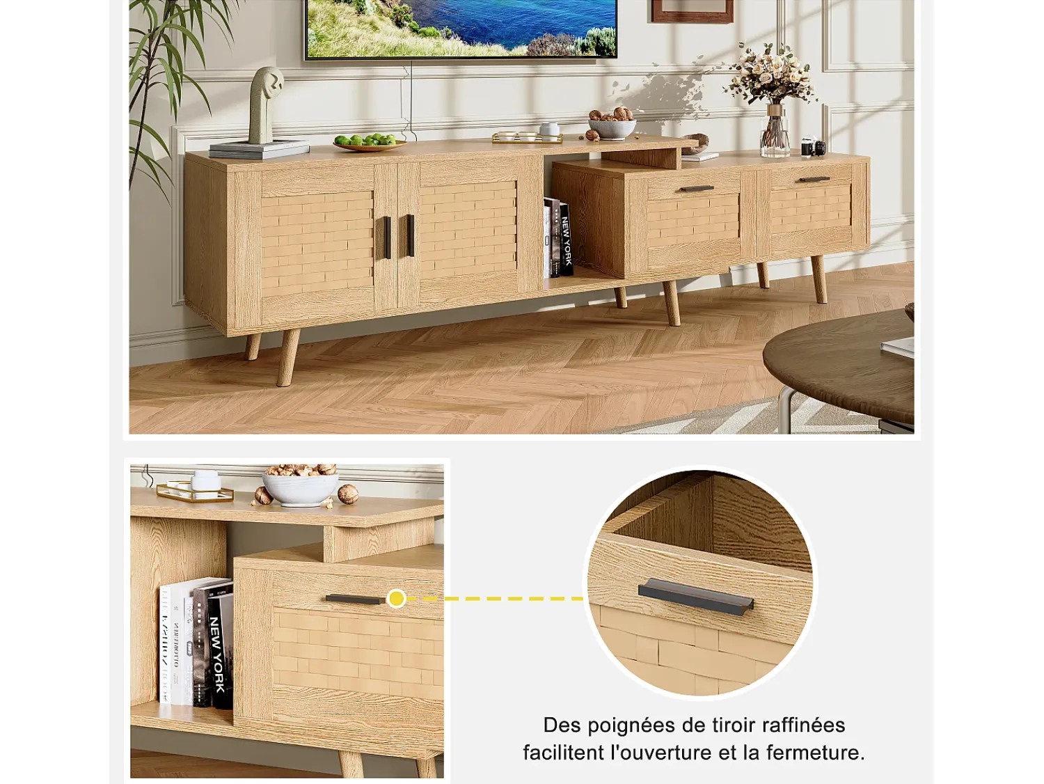 Móvel De Tv* Suporte de TV extensível de 146 a 180 cm, com 2 gavetas, 2 portas e espaço de armazenamento, ideal para sala de estar ou quarto. Fabricado em madeira. Natural claro