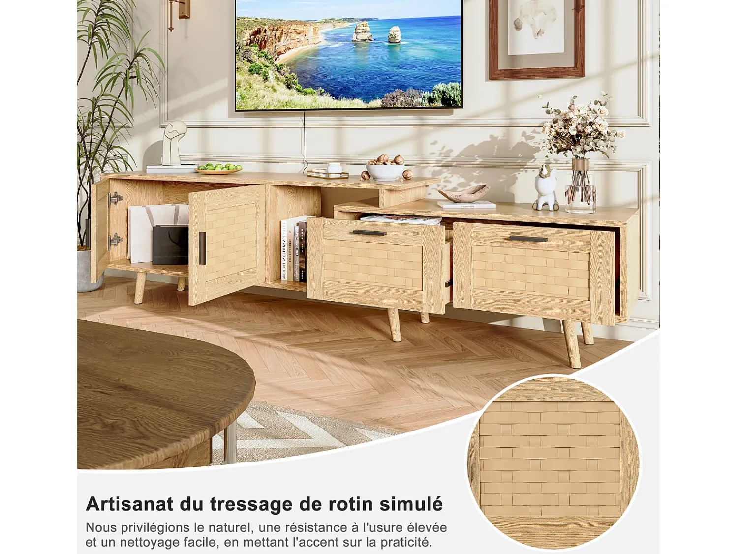 Móvel De Tv* Suporte de TV extensível de 146 a 180 cm, com 2 gavetas, 2 portas e espaço de armazenamento, ideal para sala de estar ou quarto. Fabricado em madeira. Natural claro