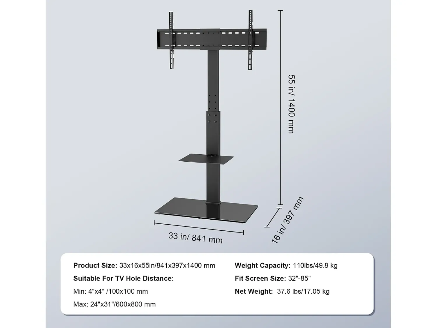 Hot Suporte de TV Giratório SucceBuy, Altura Ajustável para Televisores de 81 a 216 CM, Suporte de Chão Portátil com Base de Vidro Temperado, Quarto Preto