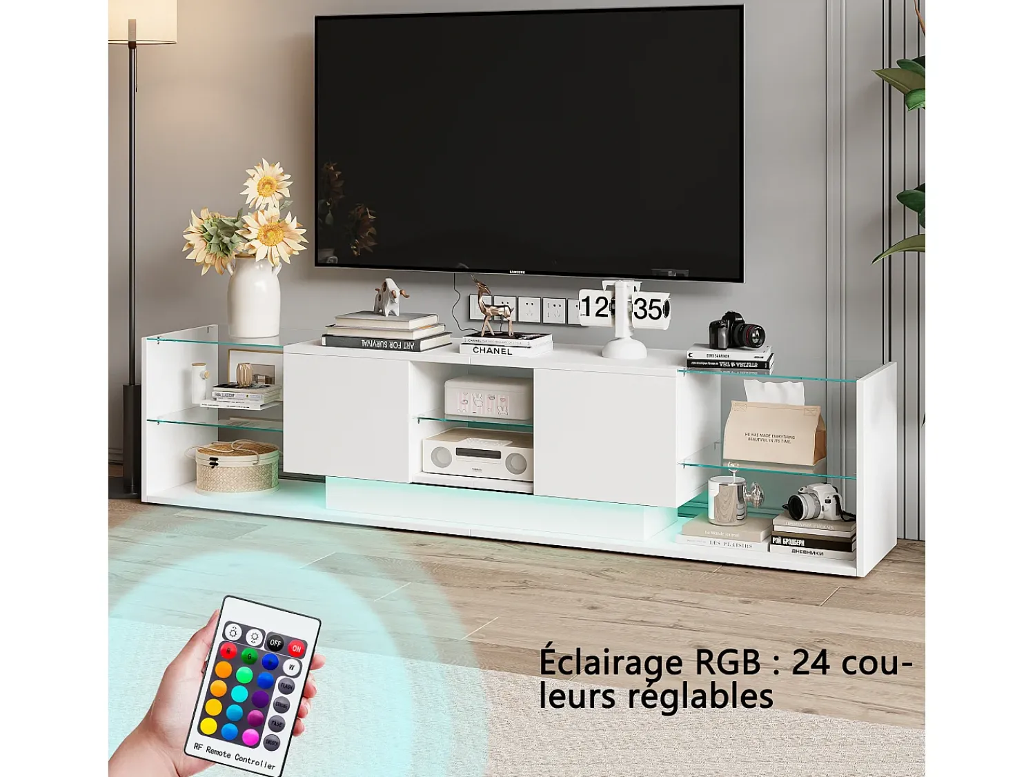 Suporte de TV LED de parede branco – 200 cm, design moderno, vidro temperado, iluminação RGB^ Móvel De Tv