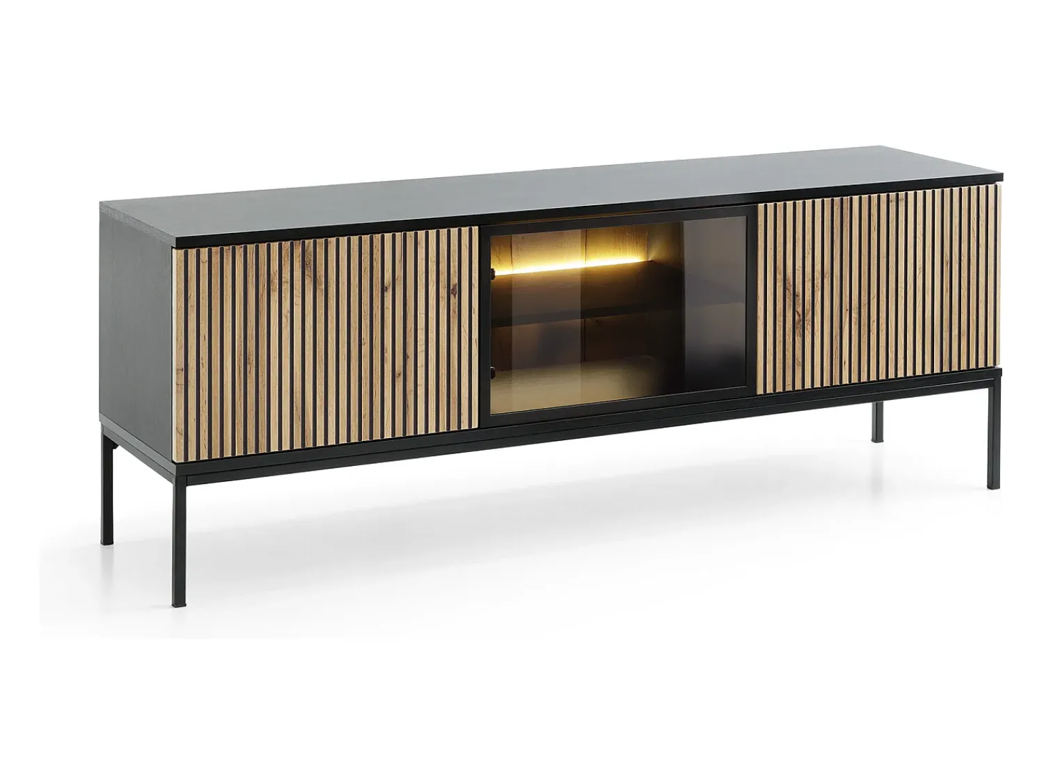 Móvel De Tv* Suporte de TV moderno com frente canelada, 154×56×39 cm, Preto / Carvalho Wotan Bege