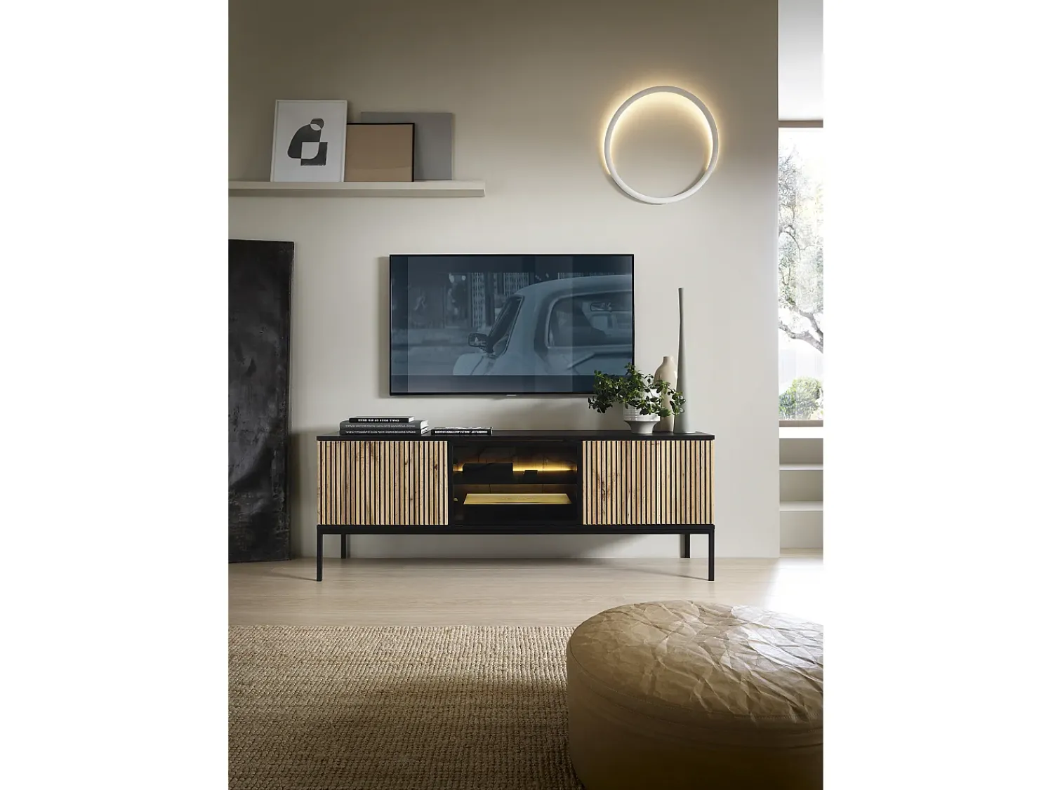 Móvel De Tv* Suporte de TV moderno com frente canelada, 154×56×39 cm, Preto / Carvalho Wotan Bege