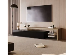 Suporte de TV moderno com luzes LED reguláveis, 3 portas e prateleiras de vidro -^ Móvel De Tv