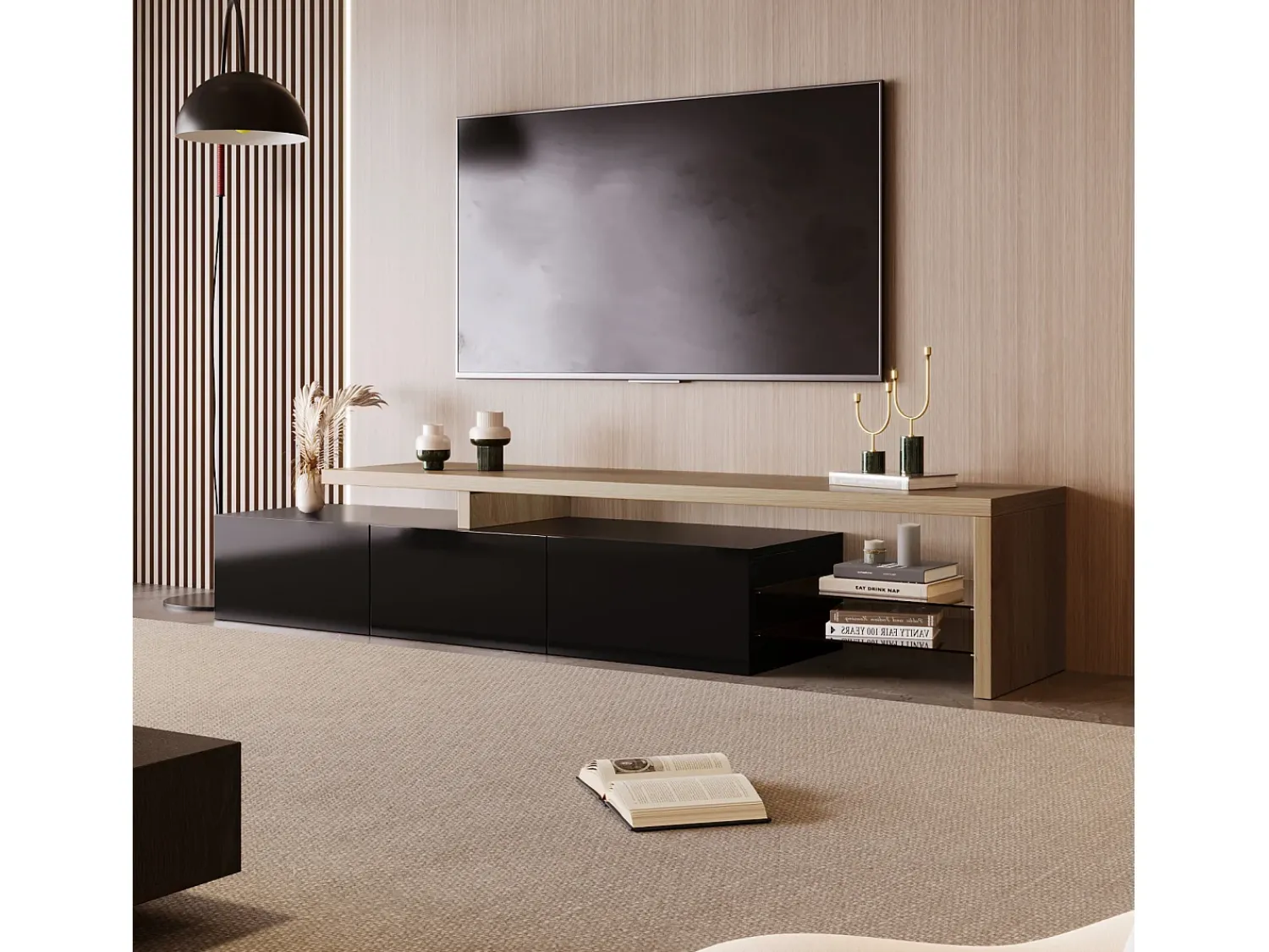Suporte de TV moderno com luzes LED reguláveis, 3 portas e prateleiras de vidro -^ Móvel De Tv