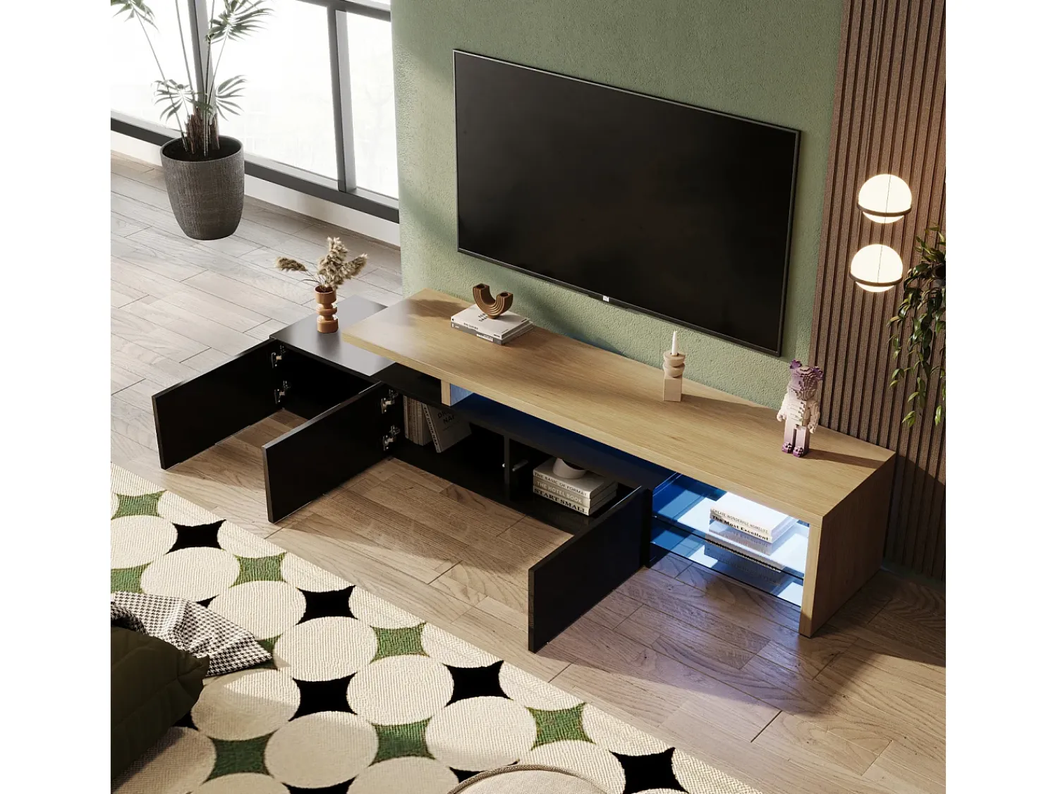 Suporte de TV moderno com luzes LED reguláveis, 3 portas e prateleiras de vidro -^ Móvel De Tv