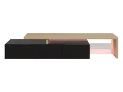 Suporte de TV moderno com luzes LED reguláveis, 3 portas e prateleiras de vidro -^ Móvel De Tv