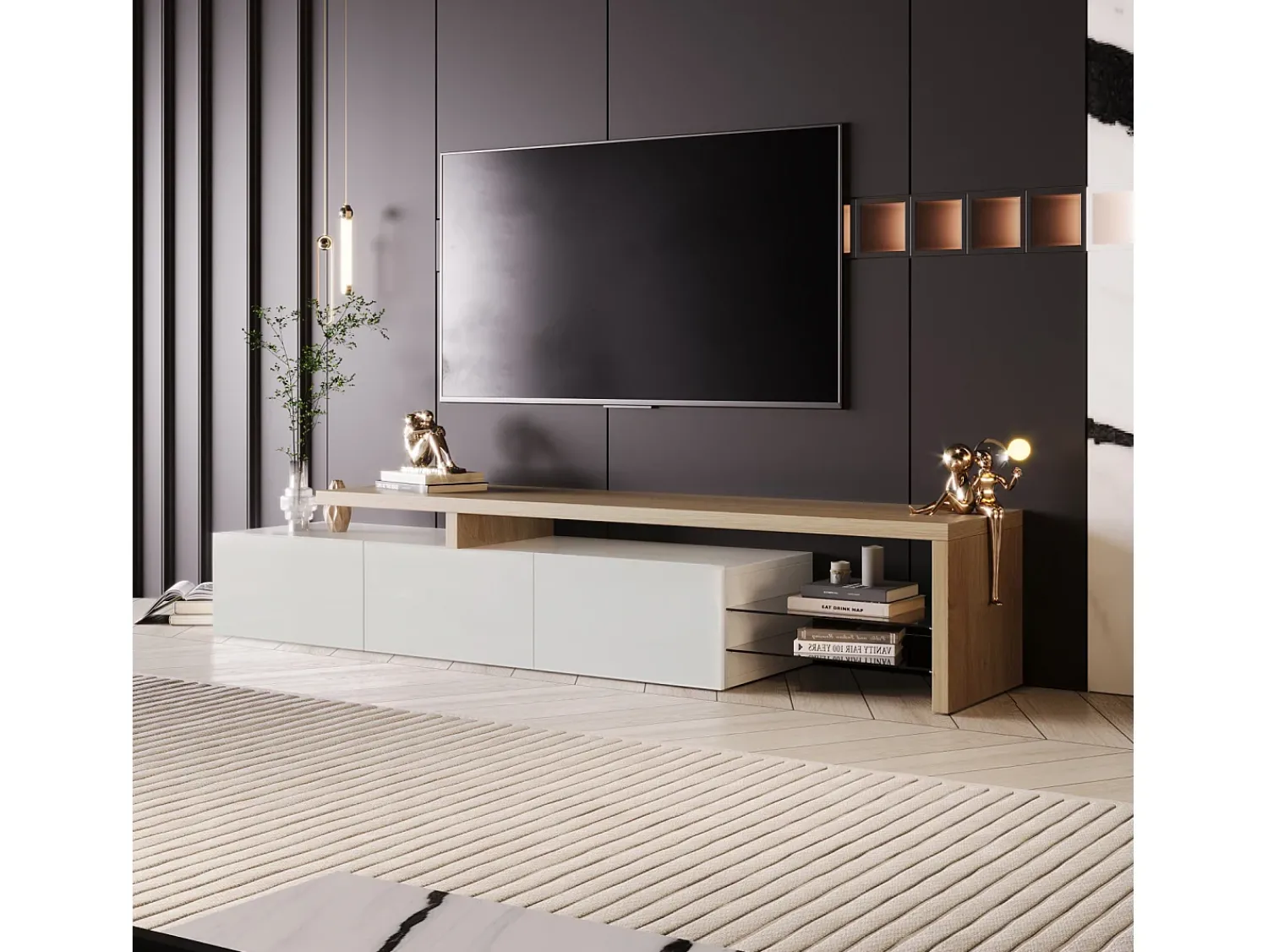 Móvel De Tv* Suporte de TV moderno com luzes LED reguláveis, 3 portas e prateleiras de vidro - Branco