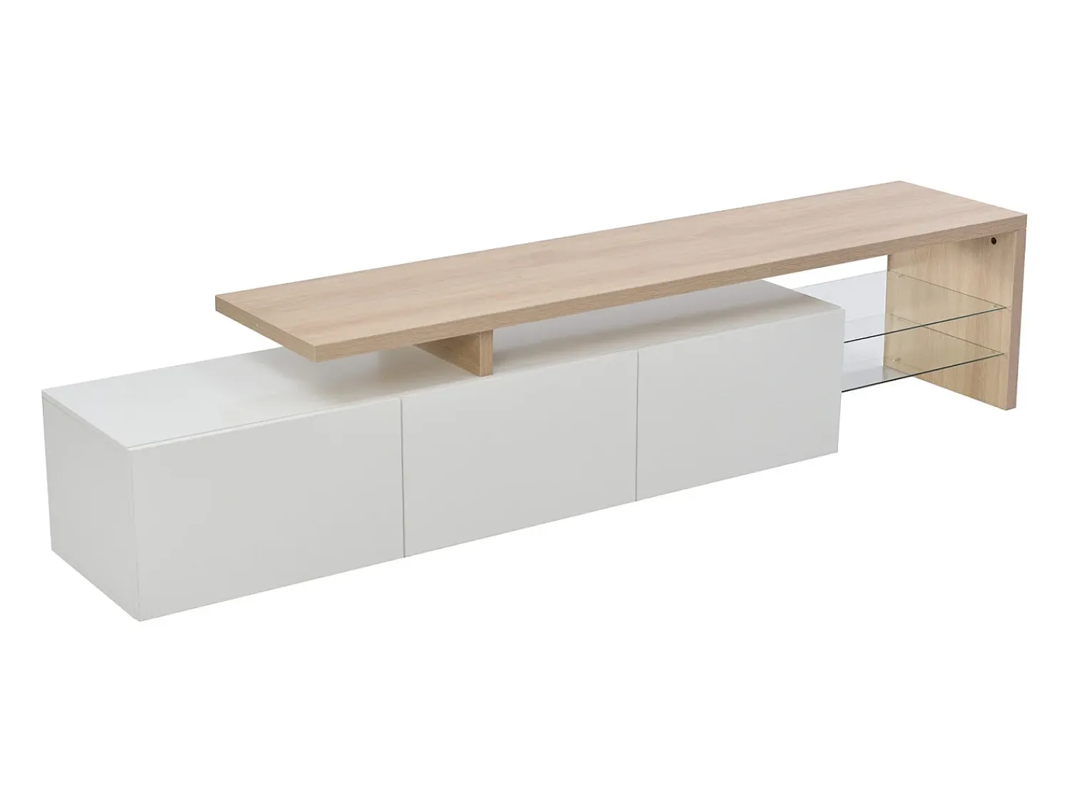 Móvel De Tv* Suporte de TV moderno com luzes LED reguláveis, 3 portas e prateleiras de vidro - Branco