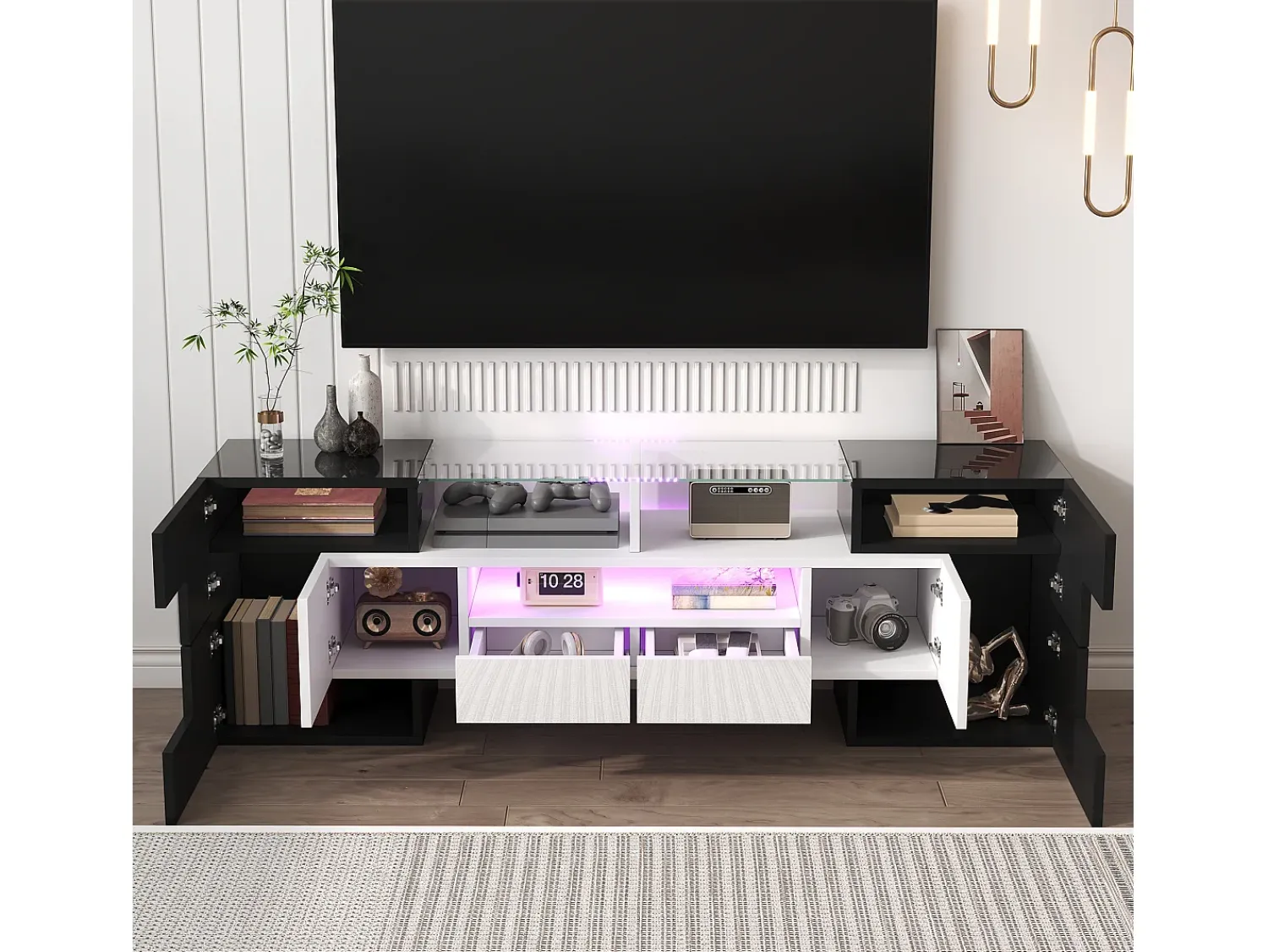 Suporte de TV moderno de alto brilho com LED, 4 portas e 2 gavetas, armazenamento aberto,^ Móvel De Tv