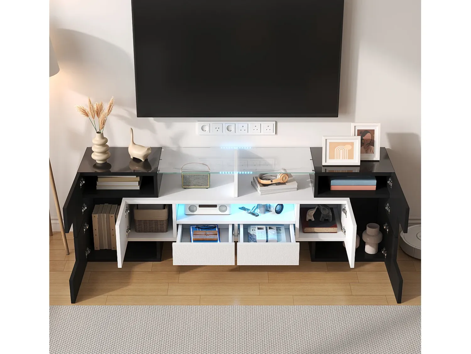 Suporte de TV moderno de alto brilho com LED, 4 portas e 2 gavetas, armazenamento aberto,^ Móvel De Tv