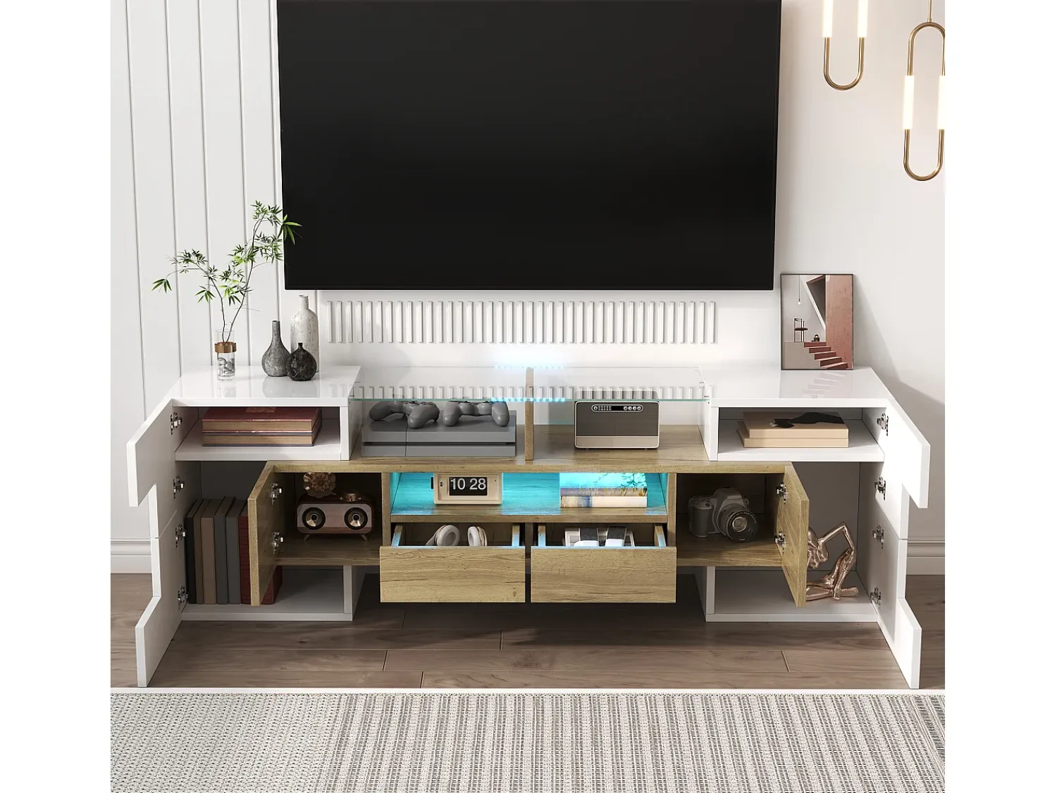Móvel De Tv* Suporte de TV moderno de alto brilho com LED, 4 portas e 2 gavetas, armazenamento aberto, Branco
