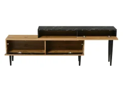 Suporte de TV moderno: mármore e textura de madeira, pés de ferro, madeira escura, compacto e durável.^ Móvel De Tv