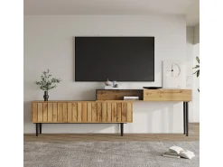 Suporte de TV moderno: mármore e textura de madeira, pés de ferro, madeira escura, compacto e durável.^ Móvel De Tv