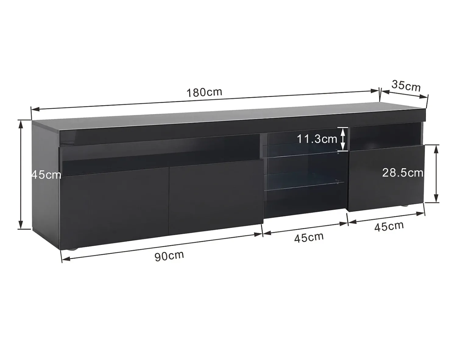 Sale Suporte de TV moderno , painel transparente, LED regulável, para sala de estar e sala de jantar, 180 x 35 x 45 cm Preto
