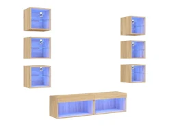 Móvel De Tv|Helloshop26 Suporte de TV multimídia prateleira de TV buffet de TV sala de jantar sala de estar quarto com LED 8 peças carvalho Sonoma madeira projetada marrom 02_0029482 Castanho