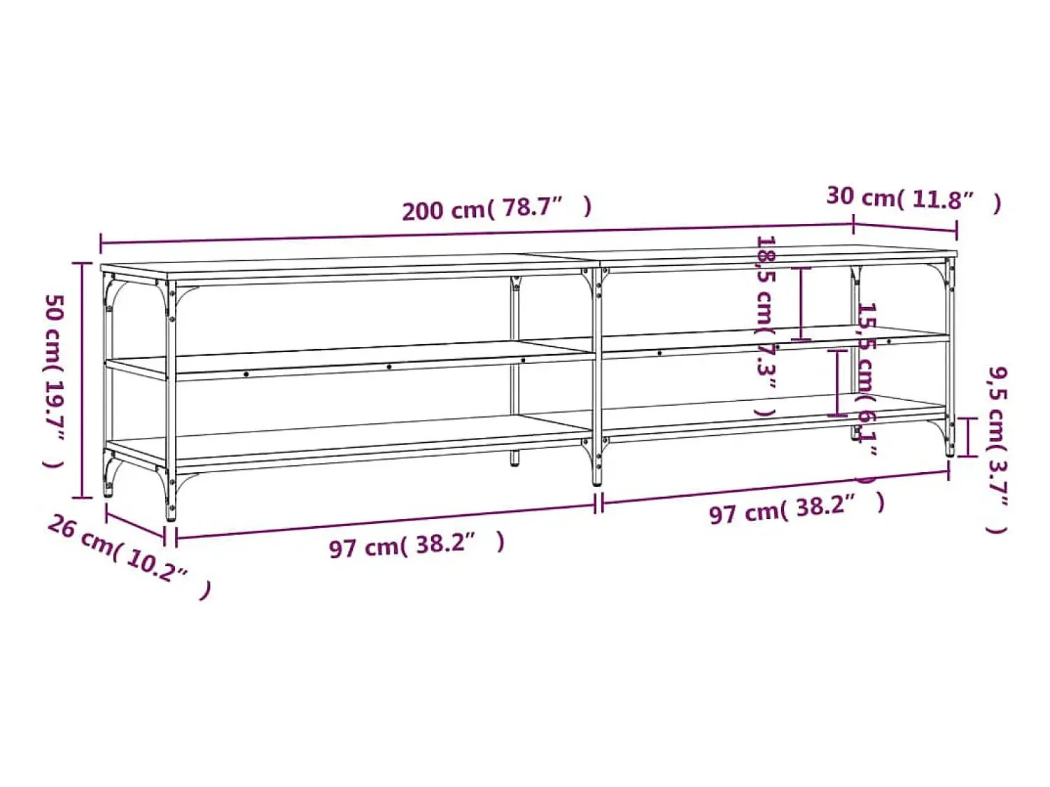 Helloshop26 Suporte de TV multimídia prateleira de TV buffet de TV sala de jantar sala de estar quarto sonoma 200 x 30 x 50 cm madeira projetada e metal cinza 02_0028436^ Móvel De Tv