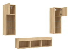 Móvel De Tv|Helloshop26 Suporte de TV multimídia prateleira de TV buffet de TV sala de jantar sala de estar quarto com LED 5 peças carvalho Sonoma madeira projetada marrom 02_0029413 Castanho