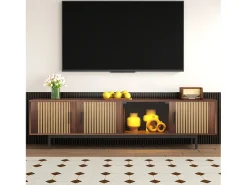 Merax Suporte de TV, móvel baixo com textura esculpida, suporte de TV com barra de luz LED e porta de vidro temperado.^ Móvel De Tv