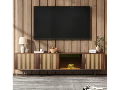 Merax Suporte de TV, móvel baixo com textura esculpida, suporte de TV com barra de luz LED e porta de vidro temperado.^ Móvel De Tv