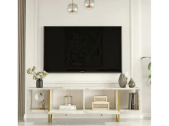 Outlet Dmora Suporte de TV móvel DFlorian, Aparador de sala, Armário de TV baixo, Base de parede equipada, 160x40h48 cm, e Dourado Branco