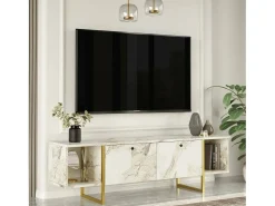 Outlet Dmora Suporte de TV móvel DFlorian, Aparador de sala, Armário de TV baixo, Base de parede equipada, 160x40h48 cm, e Dourado Branco
