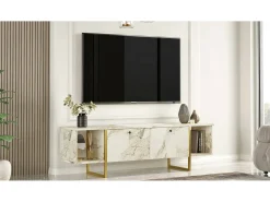 Outlet Dmora Suporte de TV móvel DFlorian, Aparador de sala, Armário de TV baixo, Base de parede equipada, 160x40h48 cm, e Dourado Branco