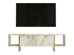Outlet Dmora Suporte de TV móvel DFlorian, Aparador de sala, Armário de TV baixo, Base de parede equipada, 160x40h48 cm, e Dourado Branco
