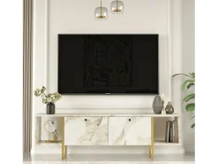 Outlet Dmora Suporte de TV móvel DFlorian, Aparador de sala, Armário de TV baixo, Base de parede equipada, 160x40h48 cm, e Dourado Branco