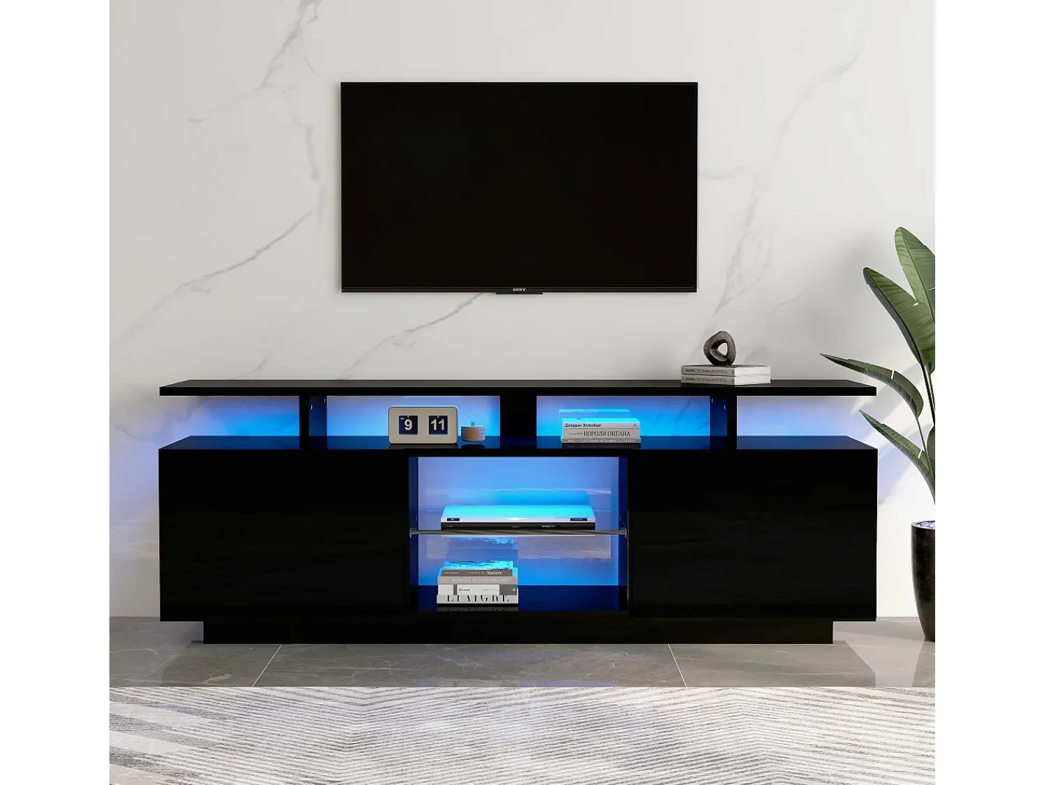 Best Hauss Spole Suporte de TV com iluminação LED de 16 cores e 2 portas - para TVs de 40 a 49 polegadas. Preto