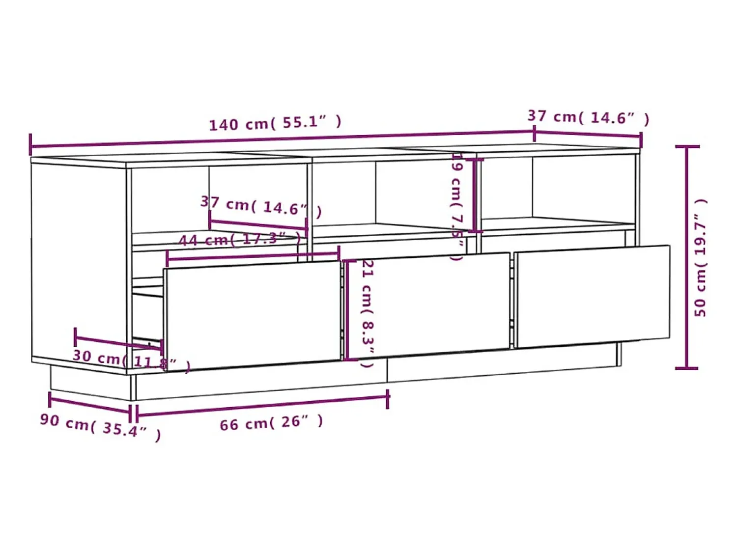 Helloshop26 Suporte multimídia para TV estante para TV aparador armário para TV sala de jantar sala de estar quarto 140 x 37 x 50 cm madeira maciça de pinho 02_0025929^ Móvel De Tv