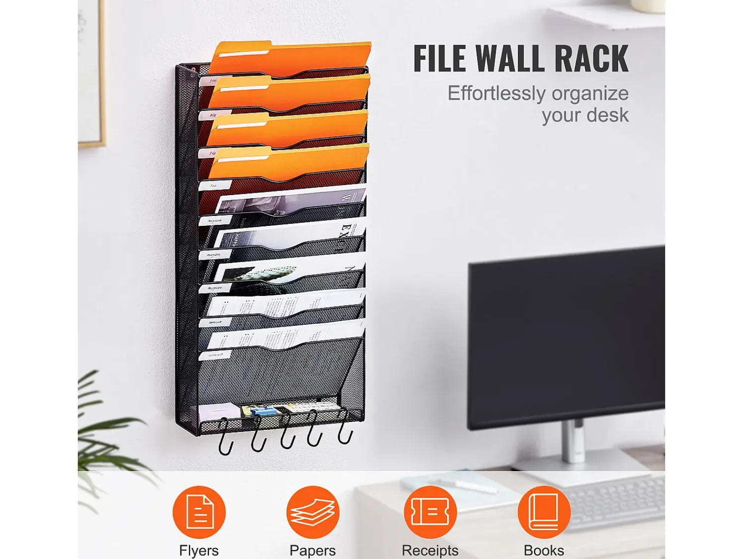 Acessórios De Arrumação|Cesto* Suporte Mural SucceBuy File Wall Shelf Mesh Wall File Holder 1 Peça 10 Bolsas para Escritório e Escola Preto