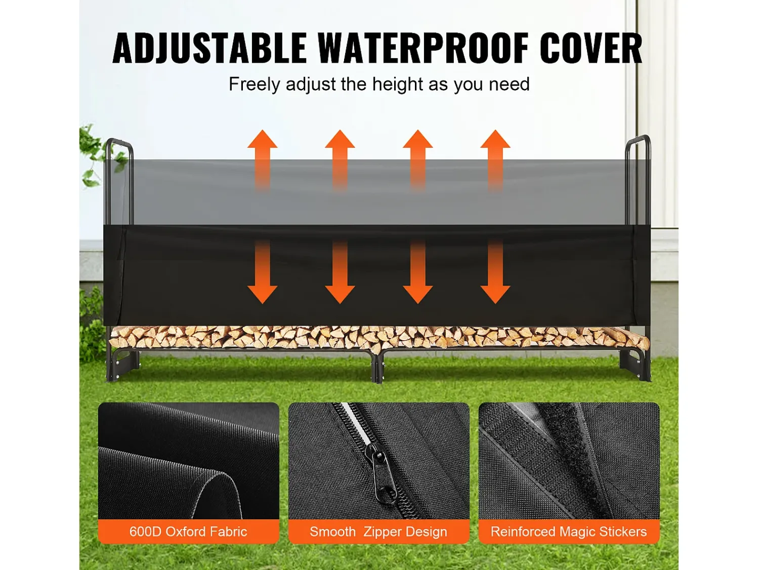Clearance Suporte para Lenha Exterior SucceBuy de 2,6 M (8,5 Pés), 2,5 M (102 Pol.) x 36,6 M (14,2Pol.) x 117,5 Cm (46,1 Pol.), com Tampa e Suporte Resistente. Preto
