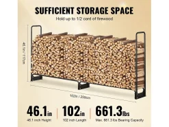 Clearance Suporte para Lenha Exterior SucceBuy de 2,6 M (8,5 Pés), 2,5 M (102 Pol.) x 36,6 M (14,2Pol.) x 117,5 Cm (46,1 Pol.), com Tampa e Suporte Resistente. Preto
